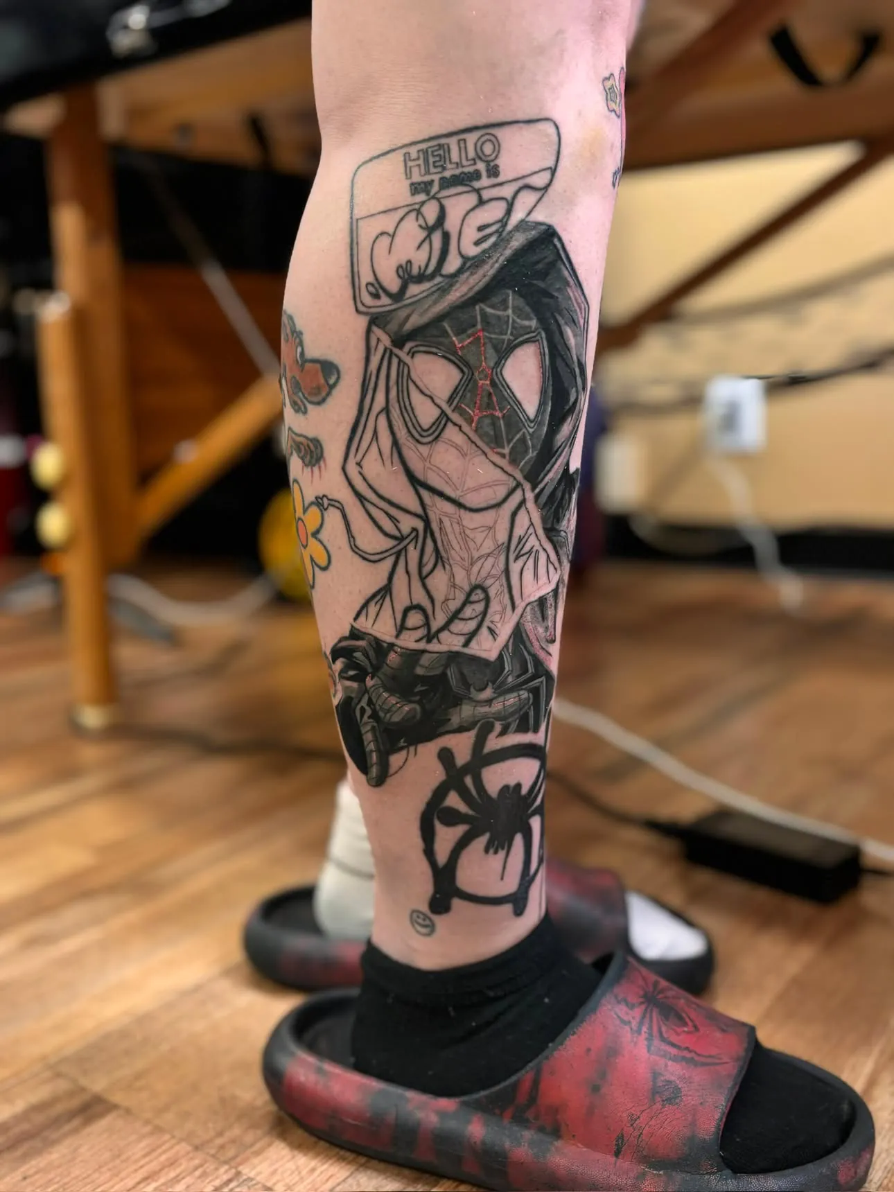 Borrowed Time — blackwork tattoo, leg