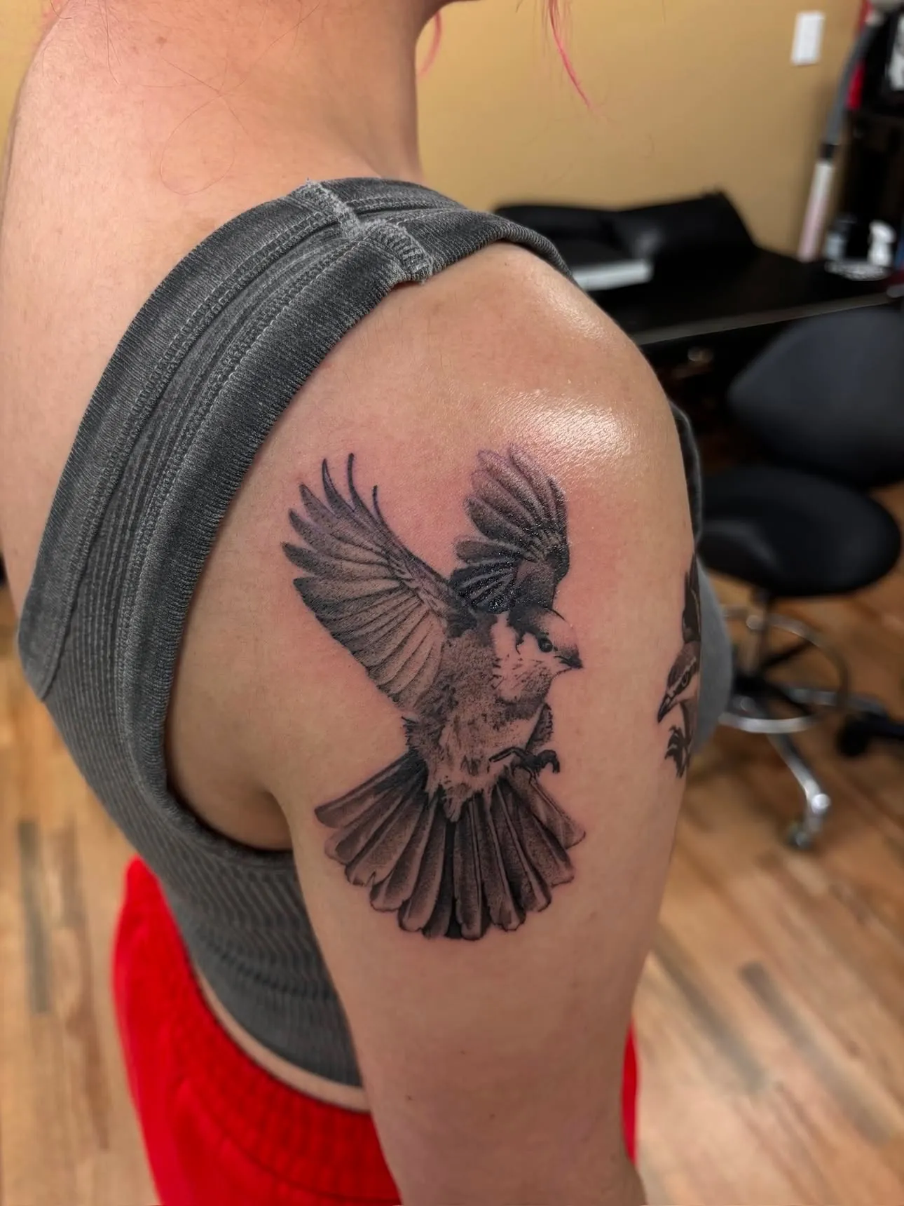 Fineline sparrows shoulder tattoo